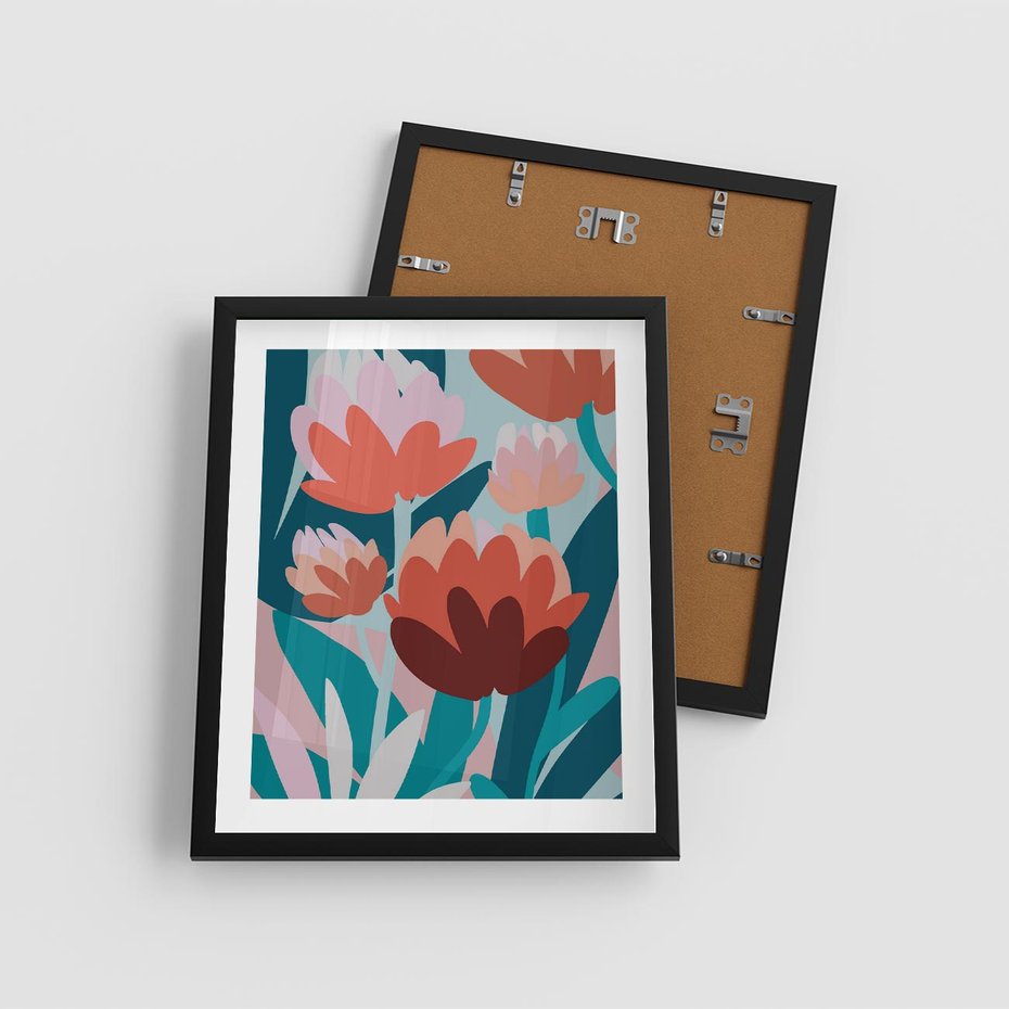 Plakat w ramie 40x50 - Symfonia Kwiatów - abstrakcyjna kompozycja kwiatowych form, kolor zgaszone - rama czarna
