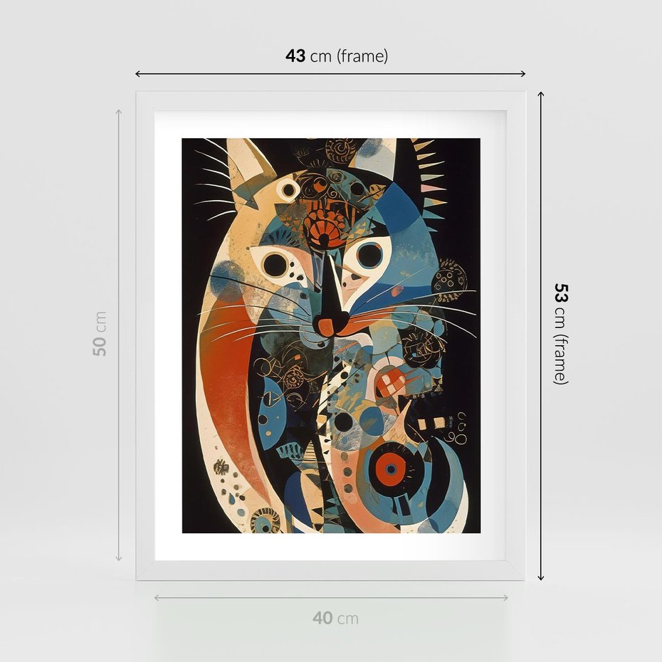 Plakat w ramie 40x50 - Księga Surrealnych Wymiarów - abstrakcyjny obraz olejny, kot - rama biała