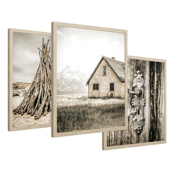 Zestaw obrazy w ramie 50x70 galeria - Chata, stara, retro, klamka - rama drewno