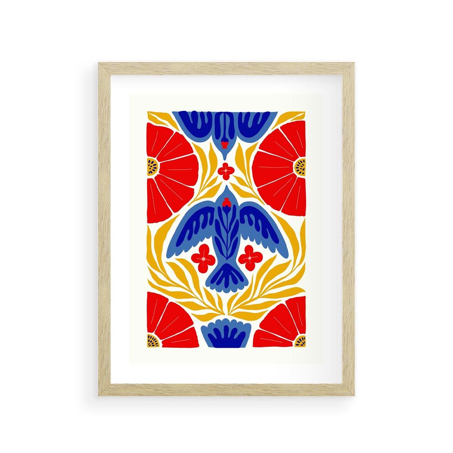 Plakat w ramie 30x40 - Eklektyczny Majestat - wyrazista grafika, mocne kolory czerwień niebieski żółty - rama drewno