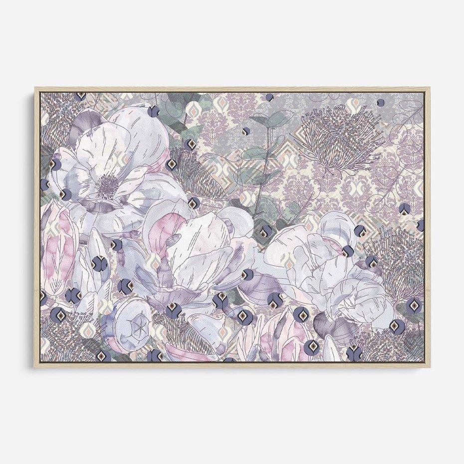 Obraz w ramie 70x50 - Malowane oddechy istnienia - pomieszane tekstury, kwiatowe elementy - rama drewno