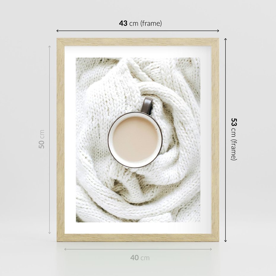 Plakat w ramie 40x50 - Kawa na Wełnianym Kocu - kawa, biały wełniany koc - rama drewno