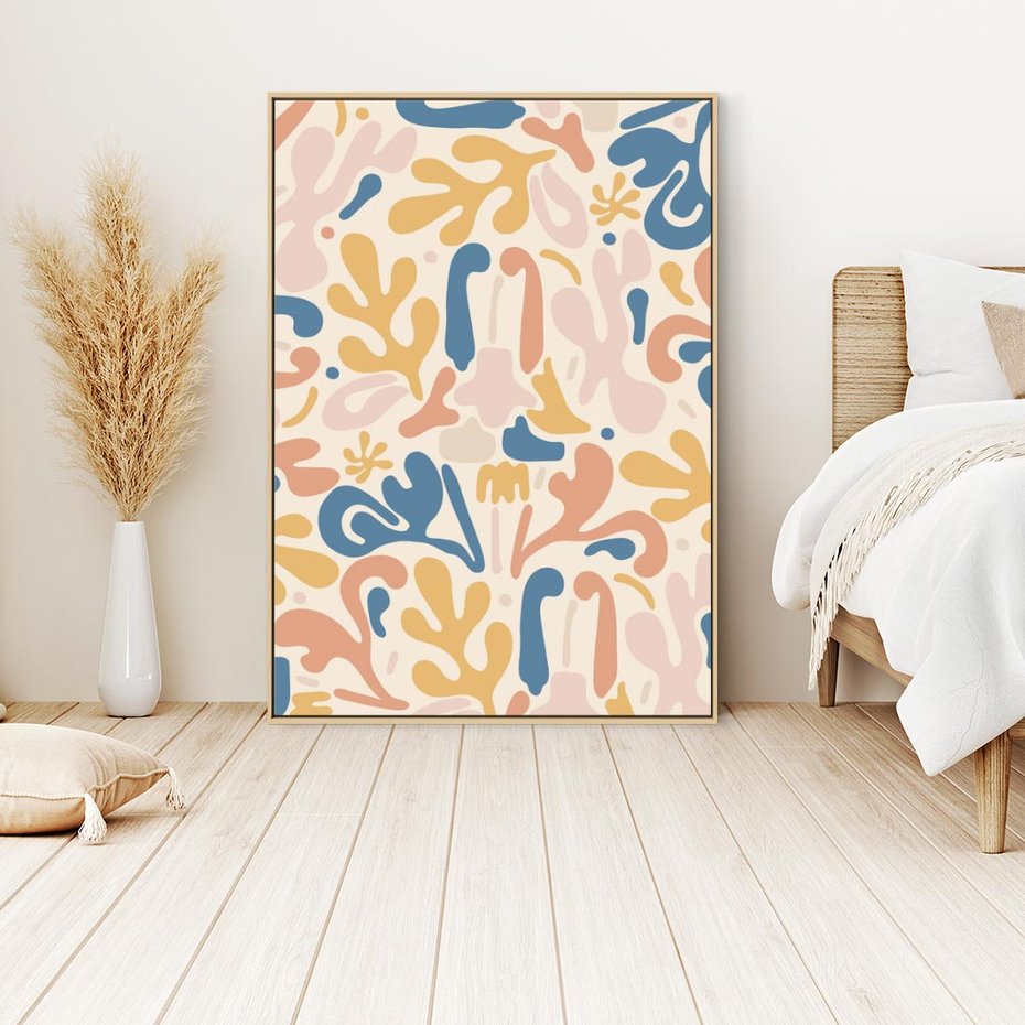 Obraz w ramie 50x70 - Symfonia Radosnych Barw - abstrakcyjne pastelowe formy, nowoczesna grafika w stylu boho - rama drewno