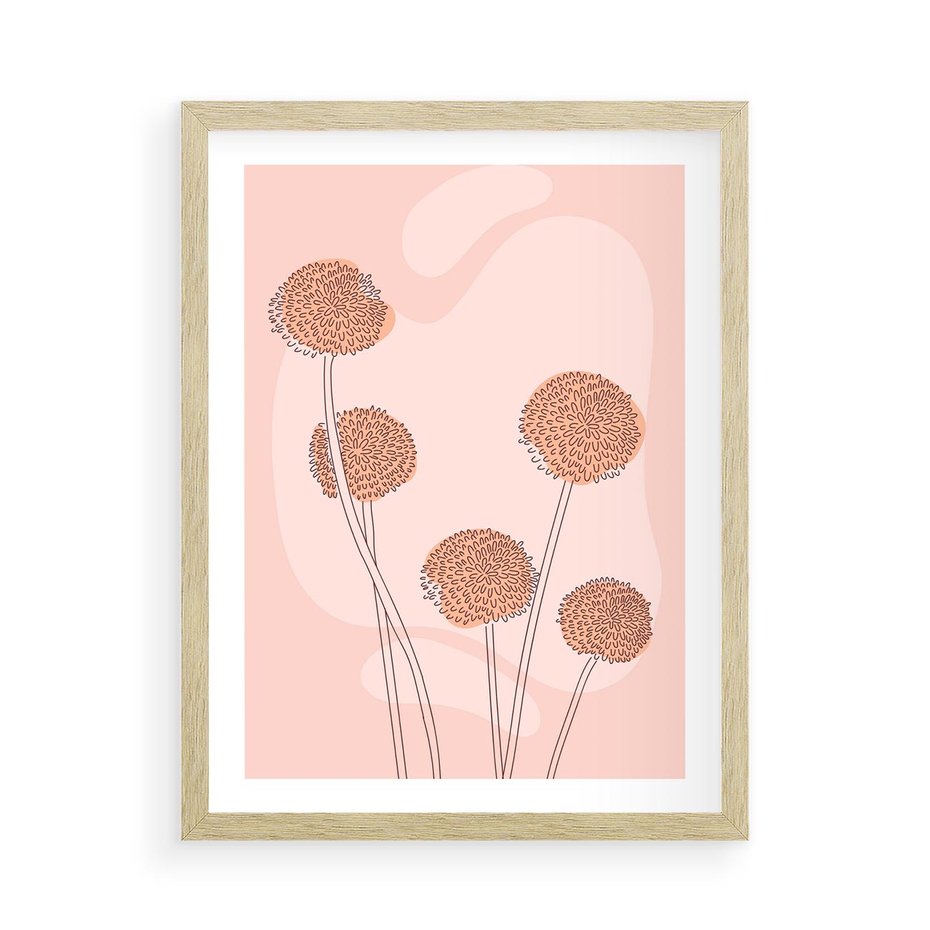 Plakat w ramie 50x70 - Rozkwitające Emocje - minimalistyczny plakat, pudrowe kwiaty - rama drewno