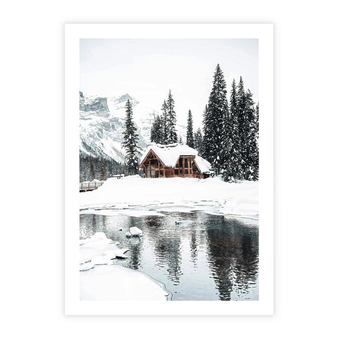 Plakat bez ramy 21x30 - Urok Zimowego Krajobrazu - domek w górach, zima