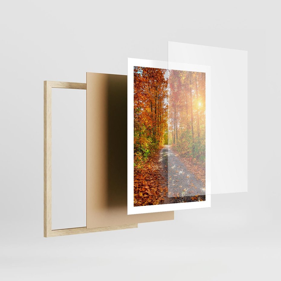 Plakat w ramie 50x70 - Kolorowe drzewa na ścieżce jesieni - las, jesień - rama drewno