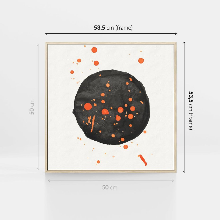 Obraz w ramie 50x50 - Impulsy Kreatywności - abstrakcyjna czarna plama, rozsiane pomarańczowe kropki - rama drewno
