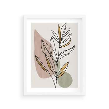 Plakat w ramie 30x40 - Impulsy Subtelnej Harmonii - abstrakcyjny obraz boho, liście - rama biała