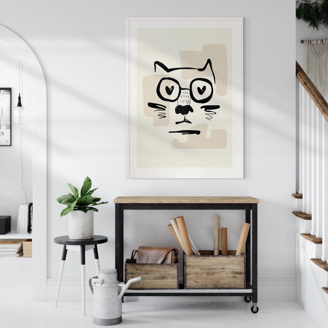 Plakat w ramie 30x40 - Minimalistyczny Kot: Czarna Kreska - kot, grafika - rama biała