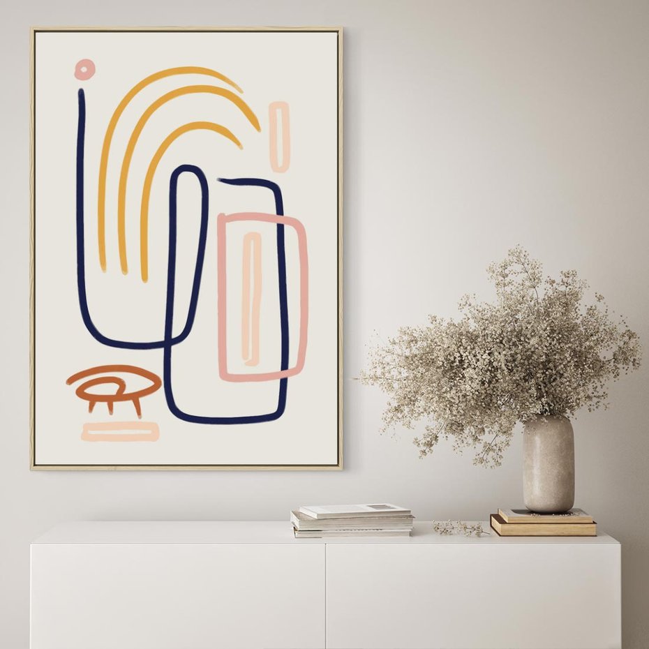 Obraz w ramie 50x70 - Abstrakcyjne Mrugnięcie - abstrakcja w stylu picasso, beżowe tło - rama drewno