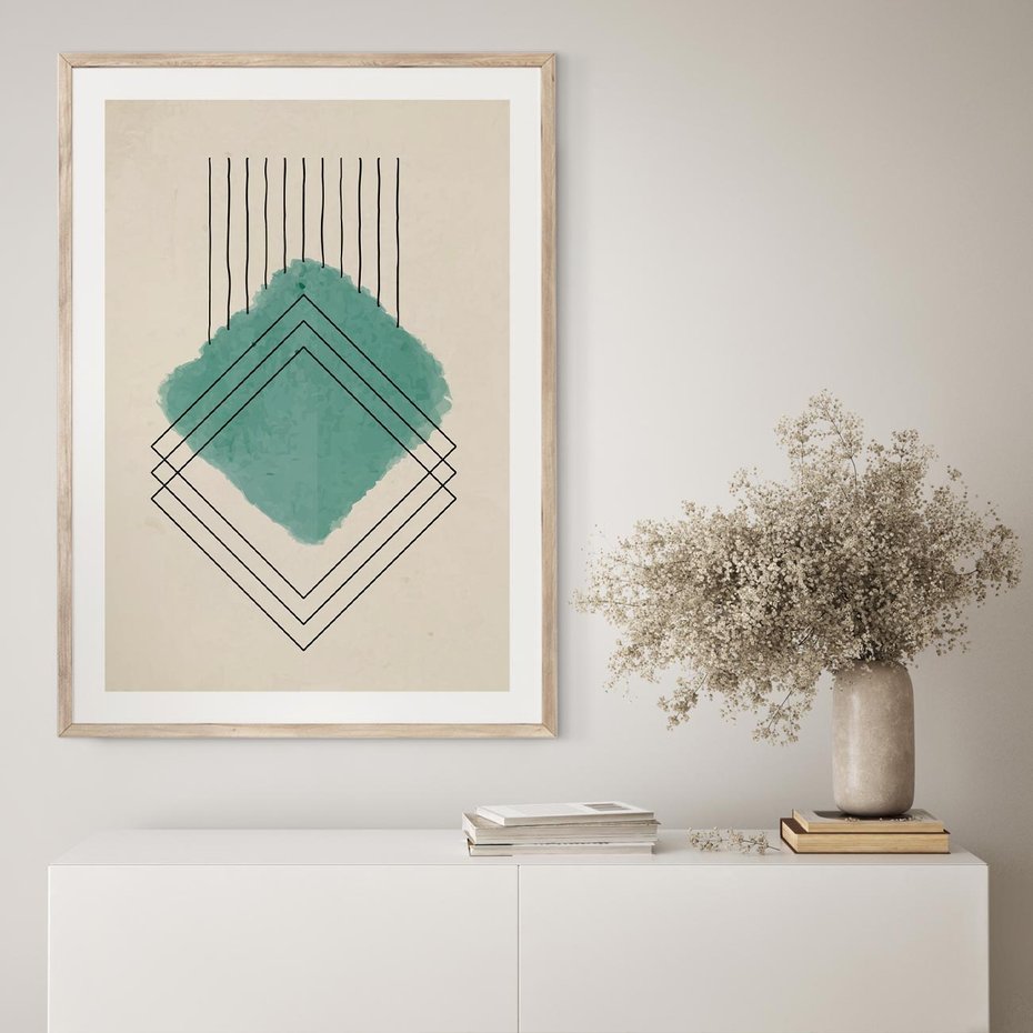 Plakat w ramie 50x70 - Impresje Przestrzeni - akwarelowa plama, geometryczne szkicowane kształty - rama drewno