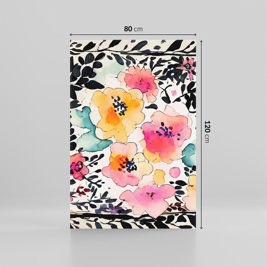 Obraz na płótnie 80x120 - Opowieść w kroplach farb - akwarelowe kwiaty, mocna ornamentowa czarna ramka namalowana dookoła obrazu