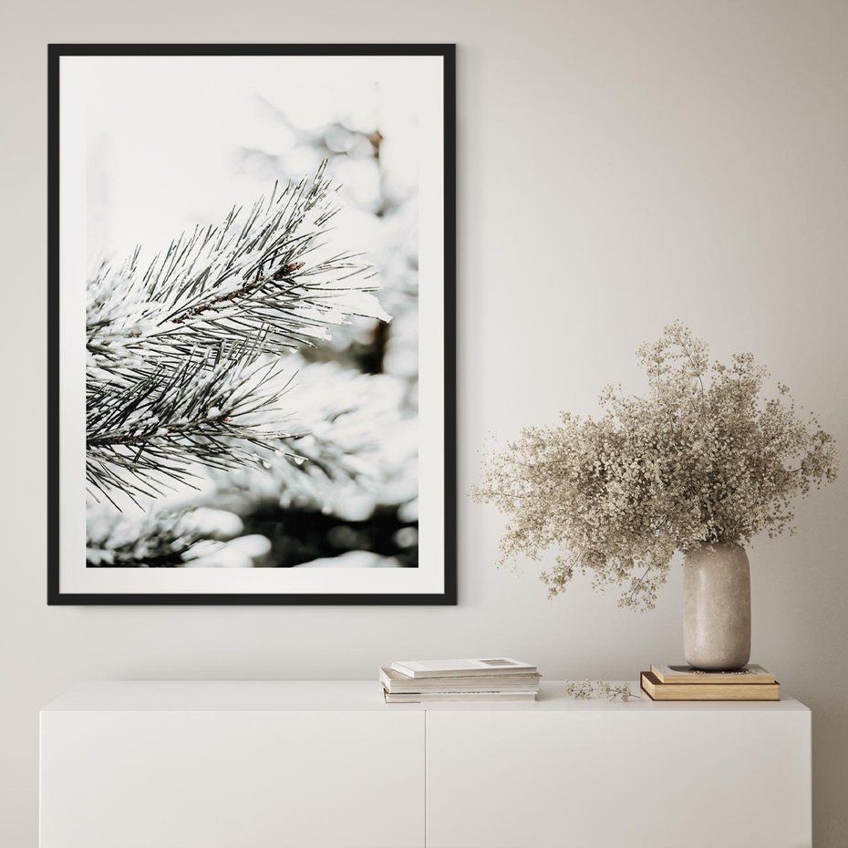 Plakat w ramie 50x70 - Chwila Zimowej Magii - iglasta gałązka, śnieg - rama czarna