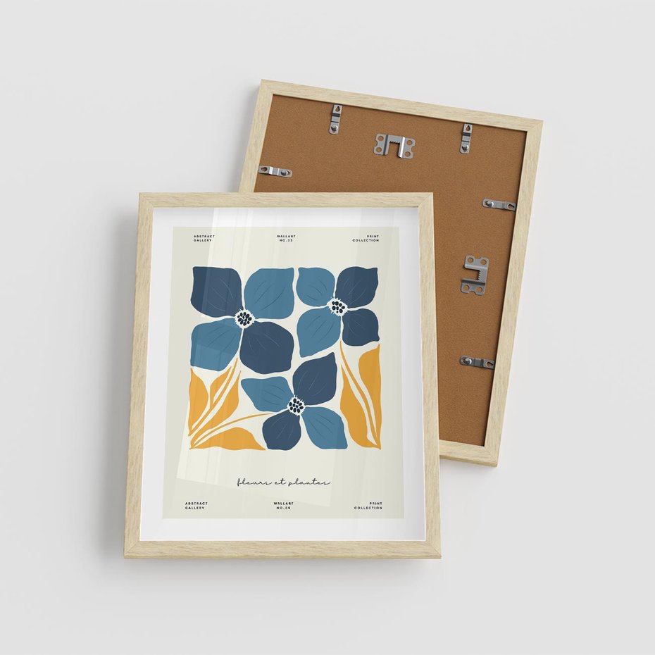 Plakat w ramie 40x50 - Błękitne Nowości - niebieskie kwiaty, nowoczesna sztuka - rama drewno