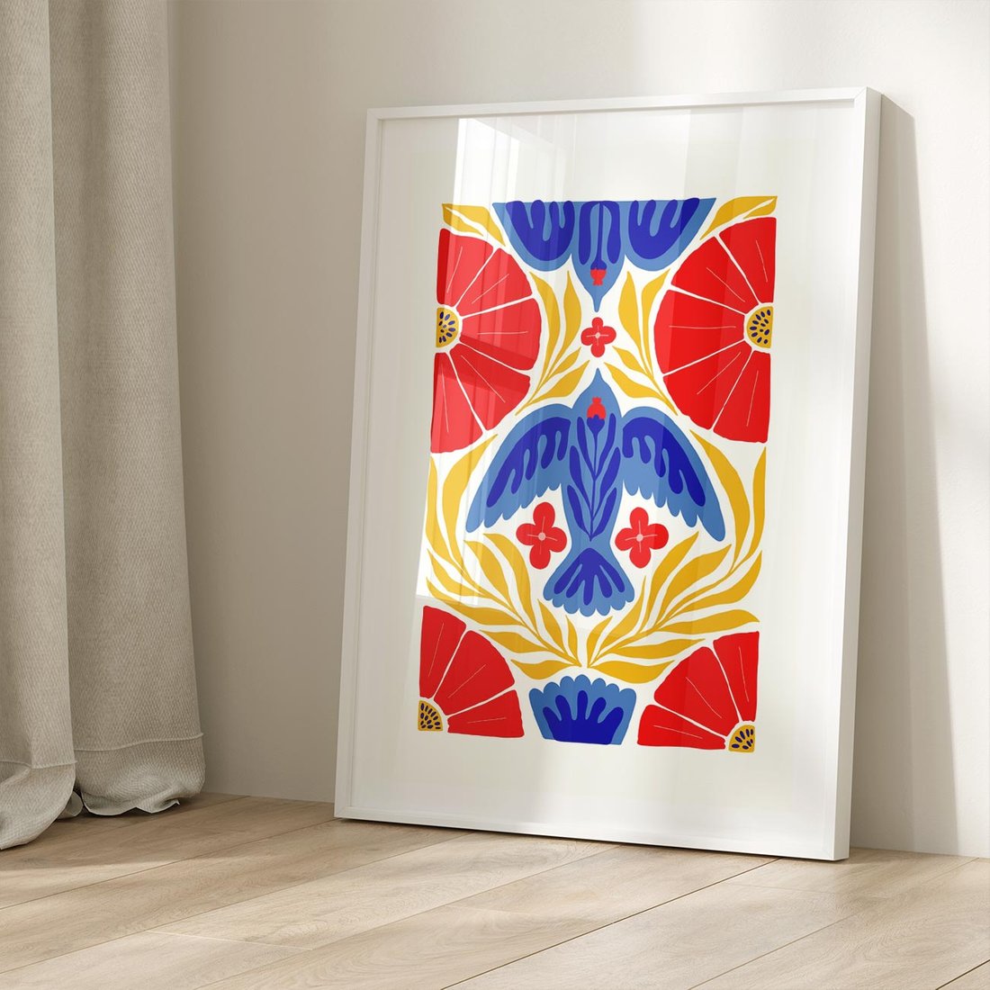 Plakat w ramie 50x70 - Eklektyczny Majestat - wyrazista grafika, mocne kolory czerwień niebieski żółty - rama biała