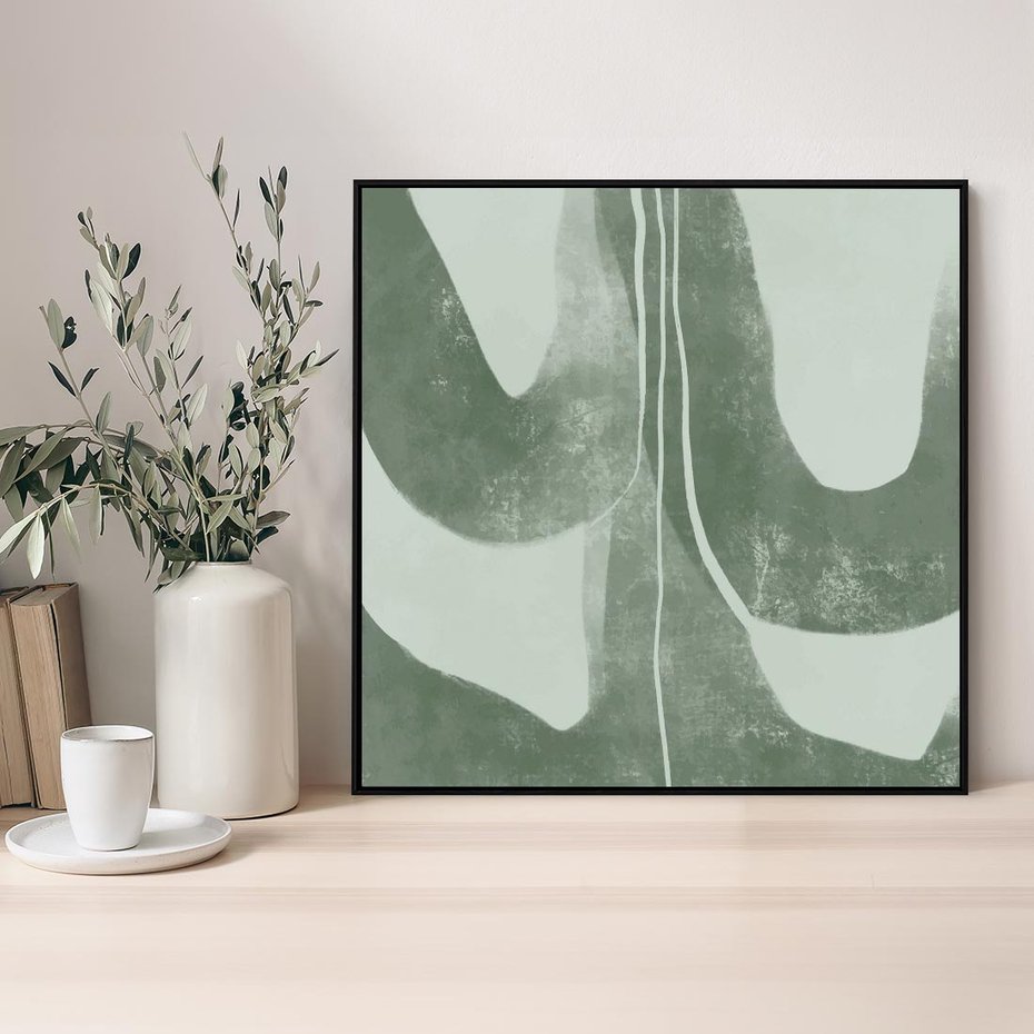 Obraz w ramie 50x50 - Nurtująca Kompozycja Zieleni - abstrakcyjne delikatne zielone linie, podobne do gałęzi kwiatów - rama czarna