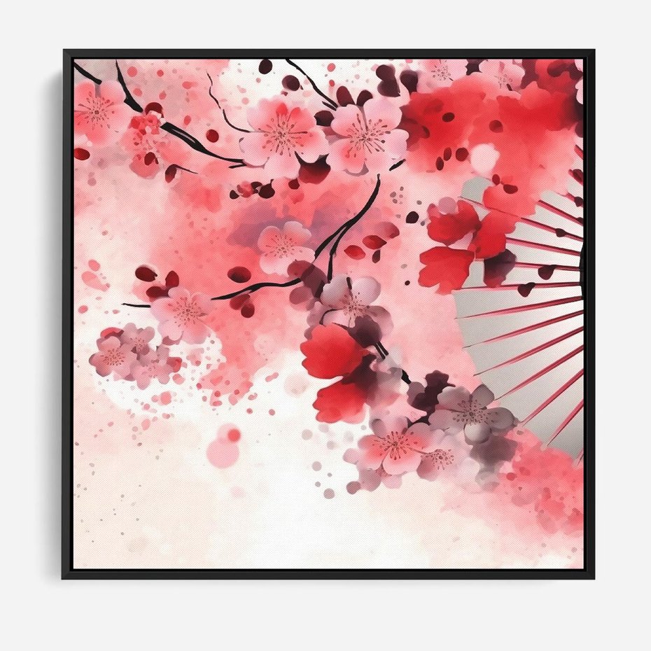 Obraz w ramie 50x50 - Szept Kwitnącej Wiśni - japoński parasol, liście - rama czarna