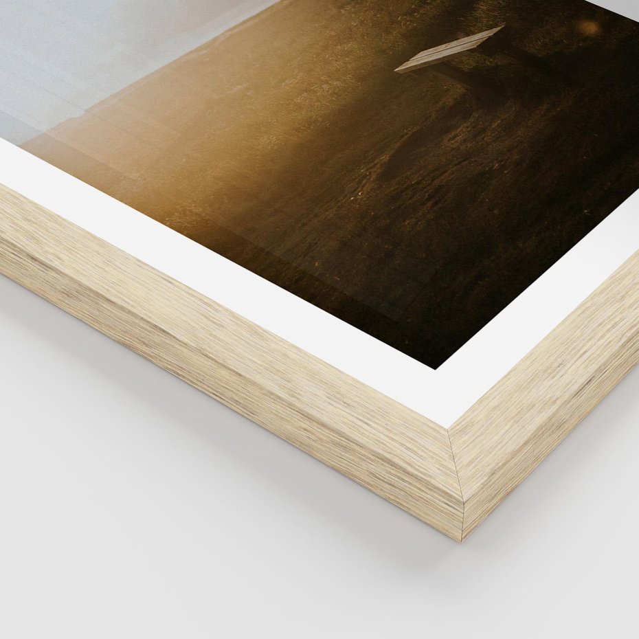 Plakat w ramie 30x40 - Mglisty zachód słońca na ławeczce - mgła, zachód - rama drewno