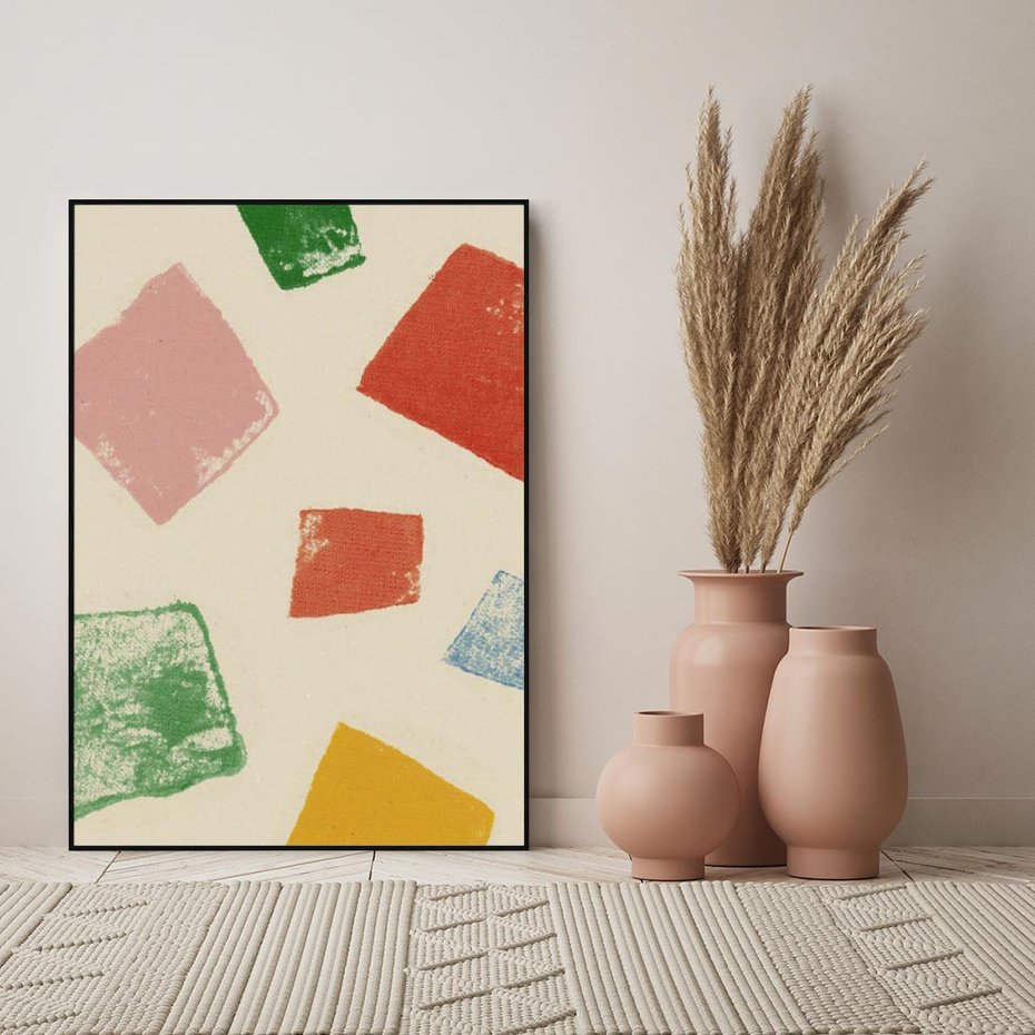 Obraz w ramie 50x70 - Tęczowe Rytmy - kolorowe tęczowe kwadraty, wesoły kolaż - rama czarna