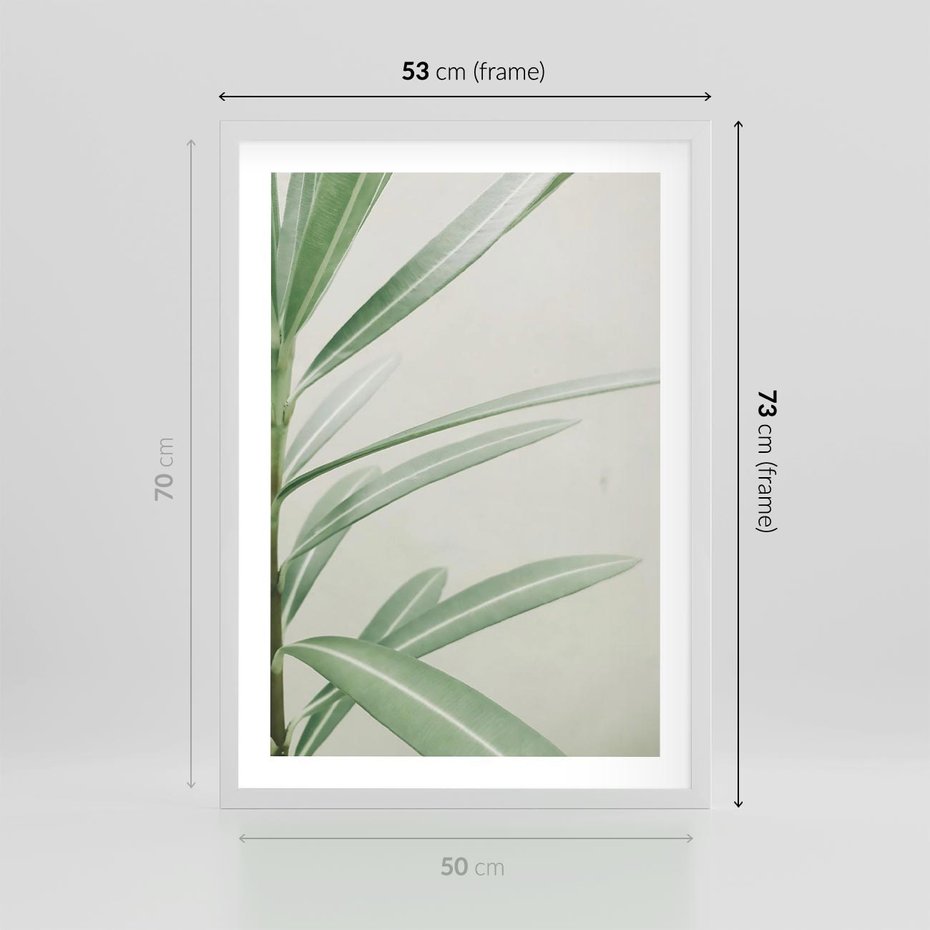 Plakat w ramie 50x70 - Minimalistyczna Tropikalna Harmonia - tropikalna roślina, zielone liście - rama biała