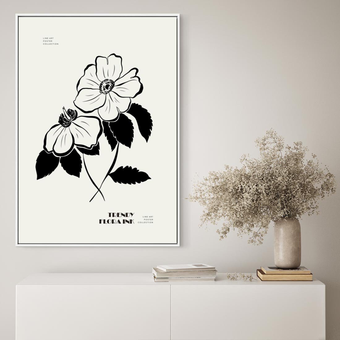 Obraz w ramie 70x100 - Poezja kwiecistej kreski - kwiaty, minimalistyczne - rama biała