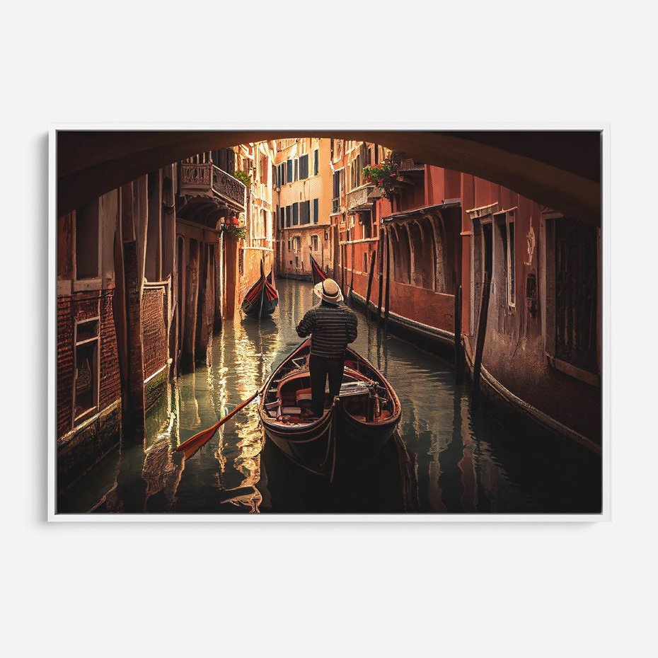 Obraz w ramie 120x80 - Spokojna Wenecja - gondolier w gondoli, kanały Wenecji - rama biała