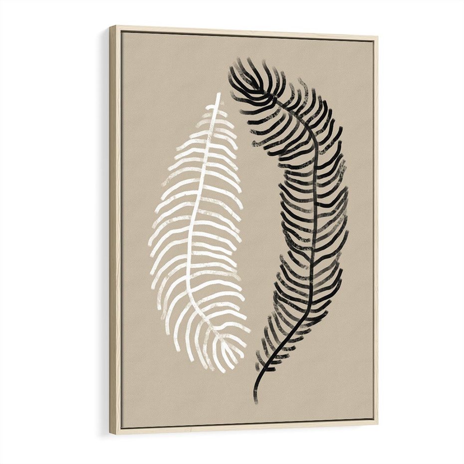 Obraz w ramie 70x100 - Spleciona Harmonia - sztuka nowoczesna, białe i czarne pióro - rama drewno