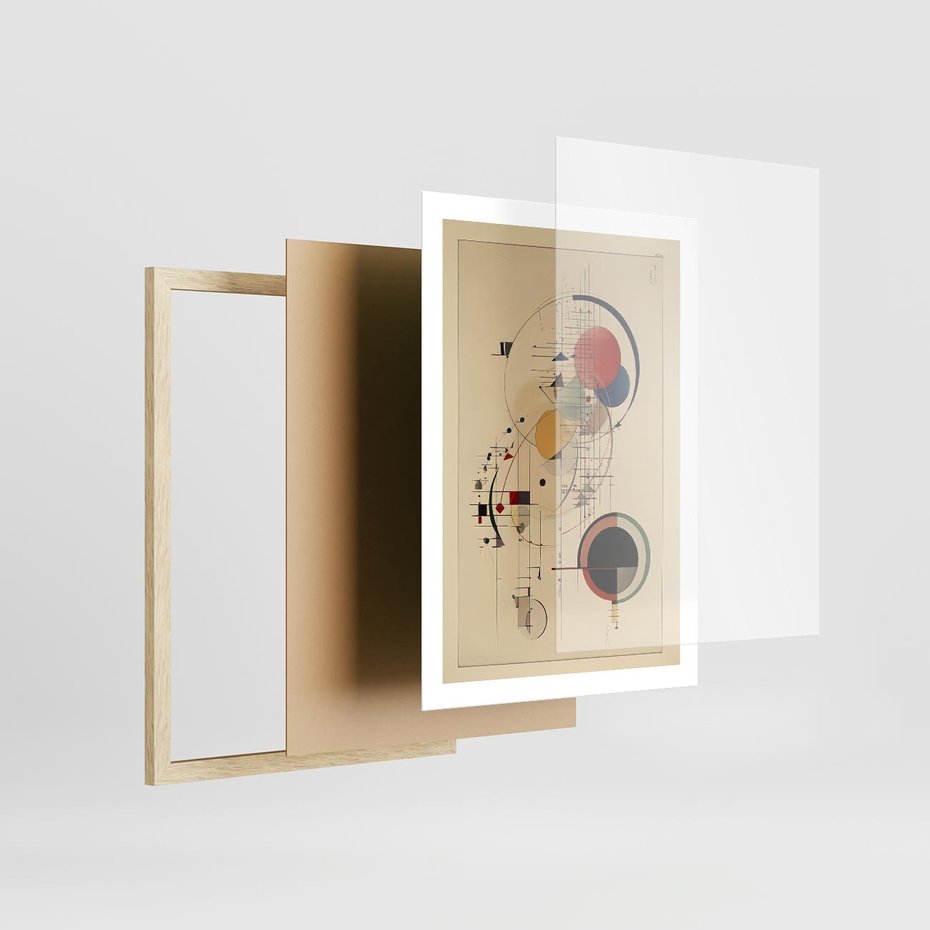 Plakat w ramie 50x70 - Impulsy Wydobyte z Cienia - abstrakcyjna geometryczna kompozycja, koła linie - rama drewno