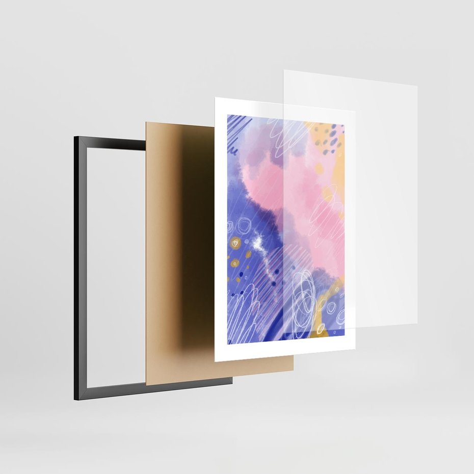 Plakat w ramie 30x40 - Migocące Granice Kształtów - abstrakcyjny plakat, pastelowe kolory - rama czarna