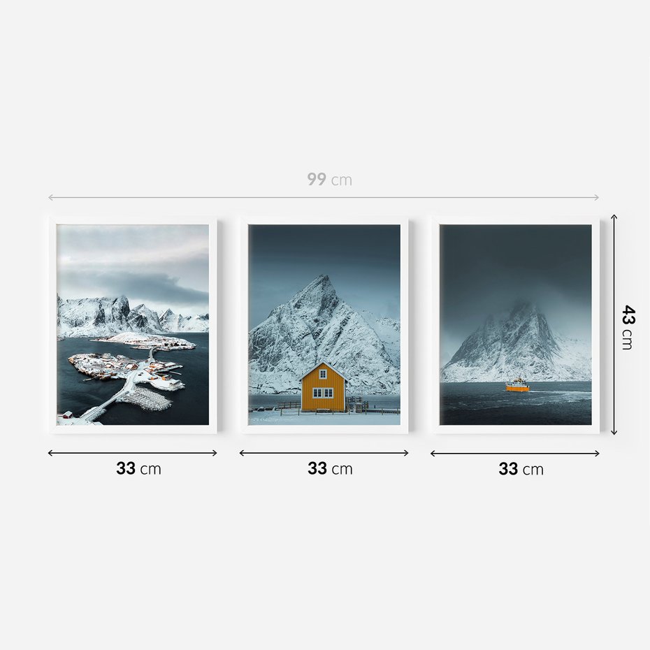 Zestaw obrazy w ramie 30x40 galeria - Norwegia, skandynawski, domek, góry - rama biała