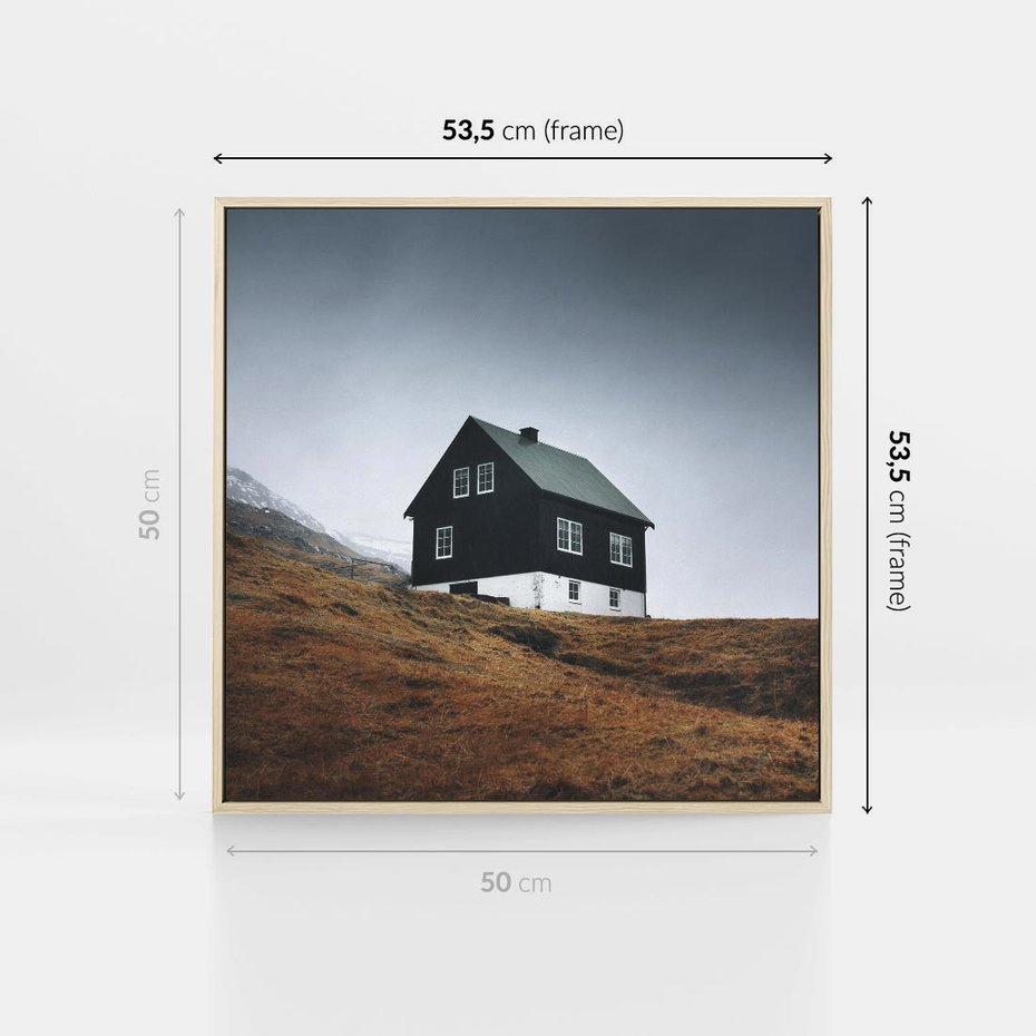 Obraz w ramie 50x50 - Ciepło i Przytulność - skandynawski, domek - rama drewno