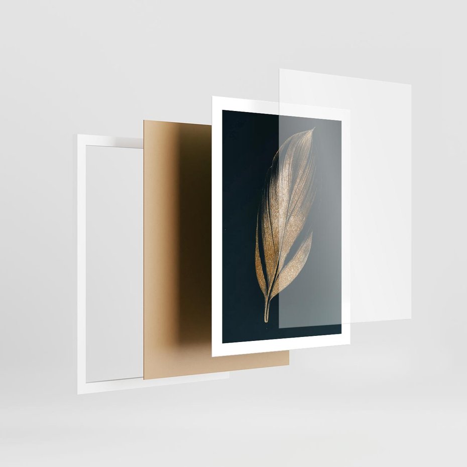 Plakat w ramie 50x70 - Mroczne Złoto - nowoczesna grafika, złoty liść na czarnym tle - rama biała