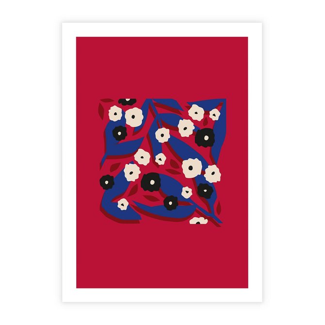 Plakat bez ramy 21x30 - Kolorowe Przenikanie - abstrakcyjna kwiatowa kompozycja, czerwone mocne tło