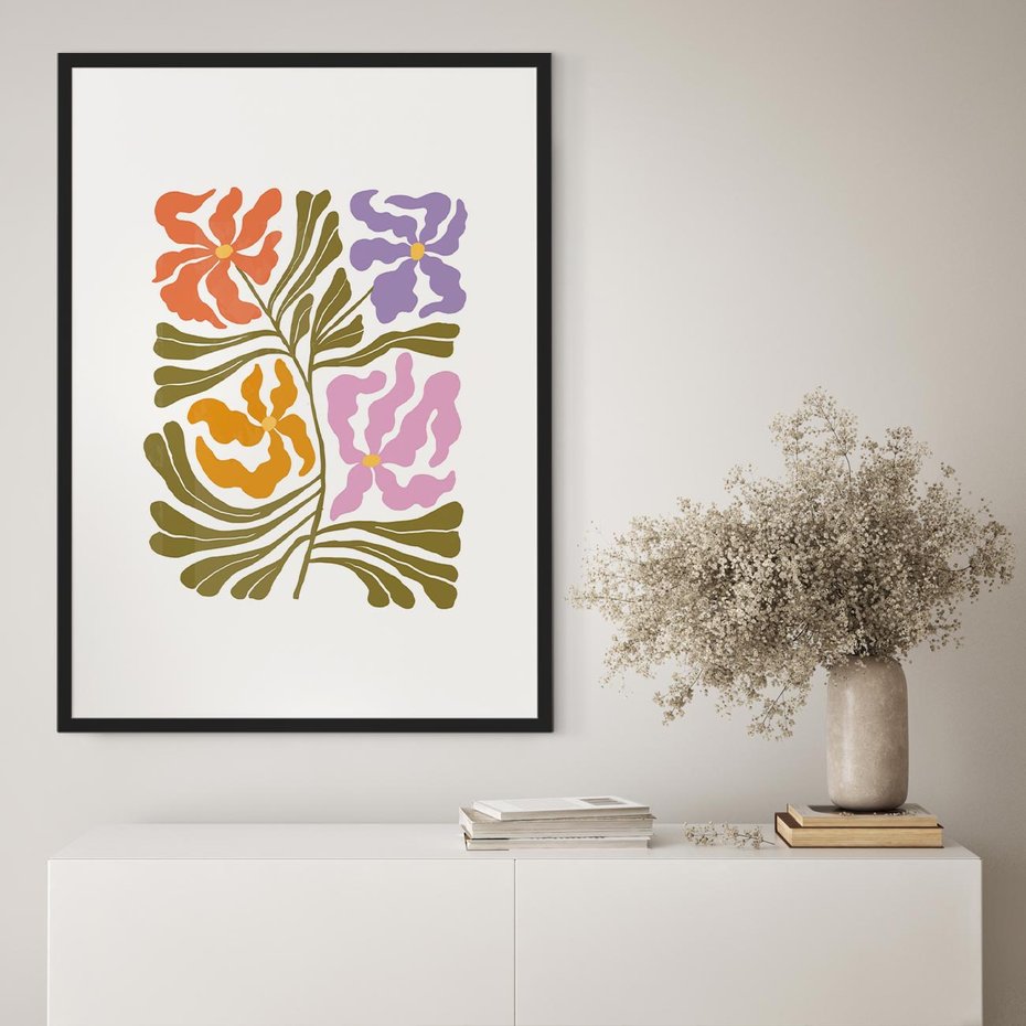 Plakat bez ramy 21x30 - Rozplątane Wizje - abstrakcyjne kolorowe kwiaty, minimlizm