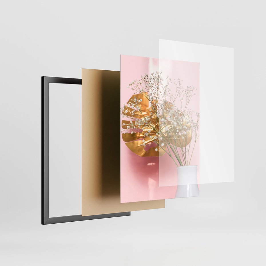 Zestaw obrazy w ramie 40x50 galeria - Złote, liście, monstera, kwiaty - rama czarna