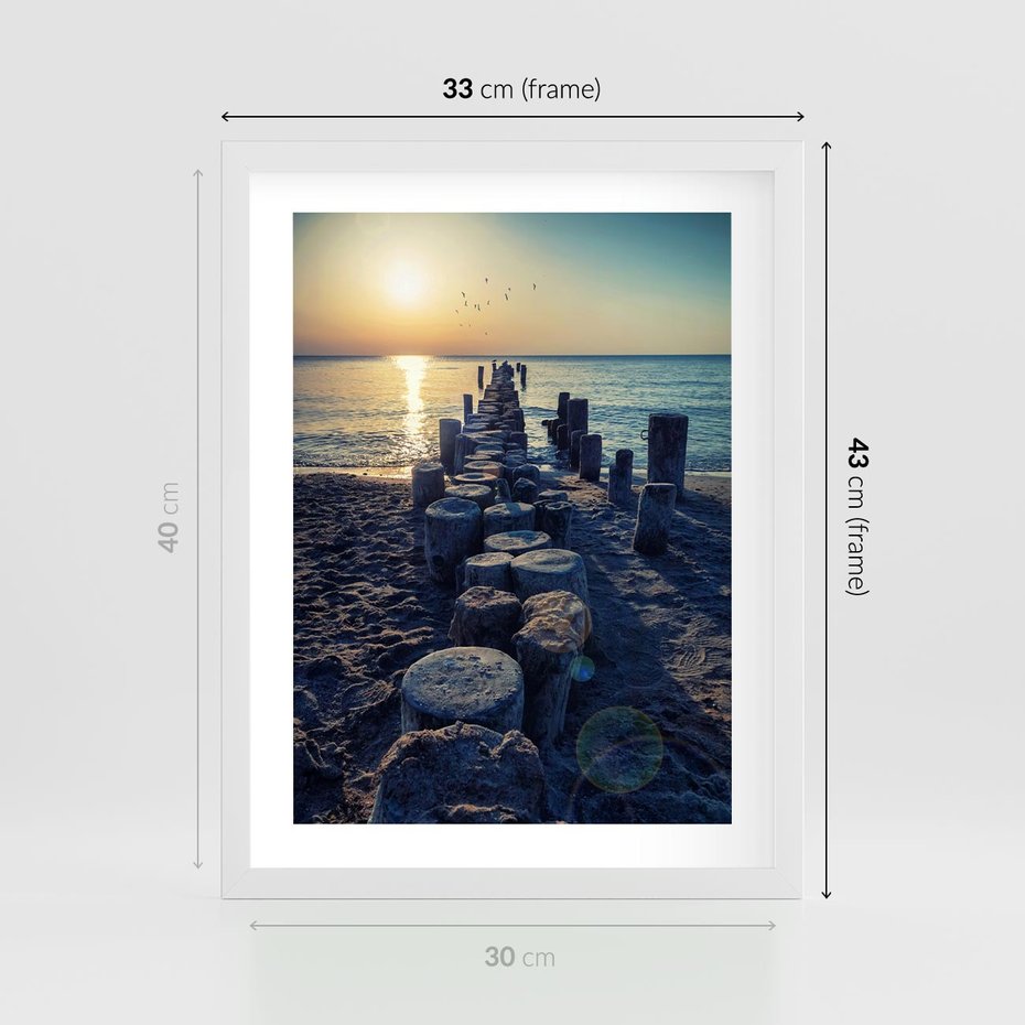 Plakat w ramie 30x40 - Zachód Słońca nad Morzem - morze, zachód - rama biała