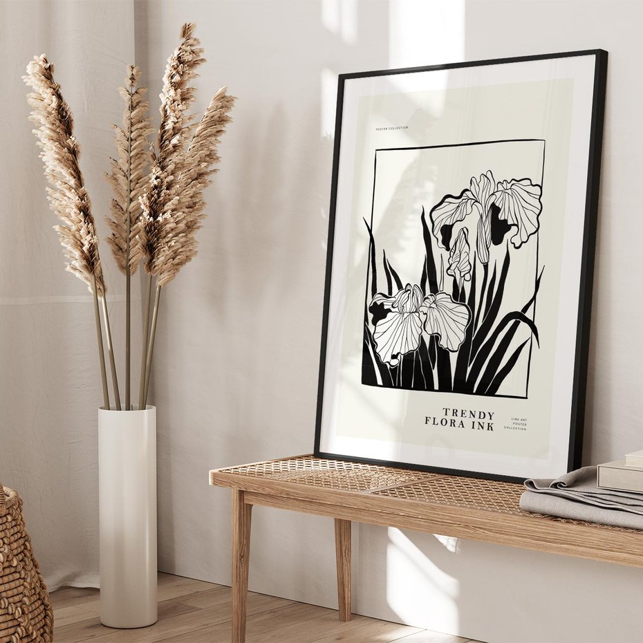 Plakat w ramie 30x40 - Spojrzenia na szkicowaną przeszłość - kwiaty, typografia - rama czarna