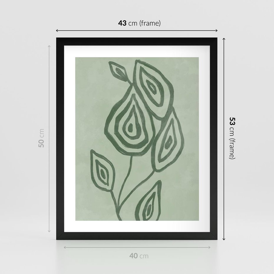 Plakat w ramie 40x50 - Szmaragdowy Oddech - abstrakcyjne delikatne zielone linie, podobne do gałęzi kwiatów - rama czarna