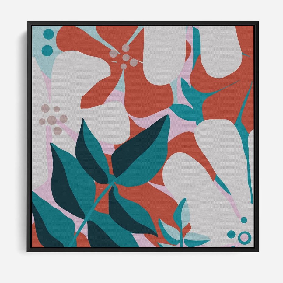 Obraz w ramie 50x50 - Harmonijne Formy - abstrakcyjna kompozycja kwiatowych form, kolor zgaszone - rama czarna
