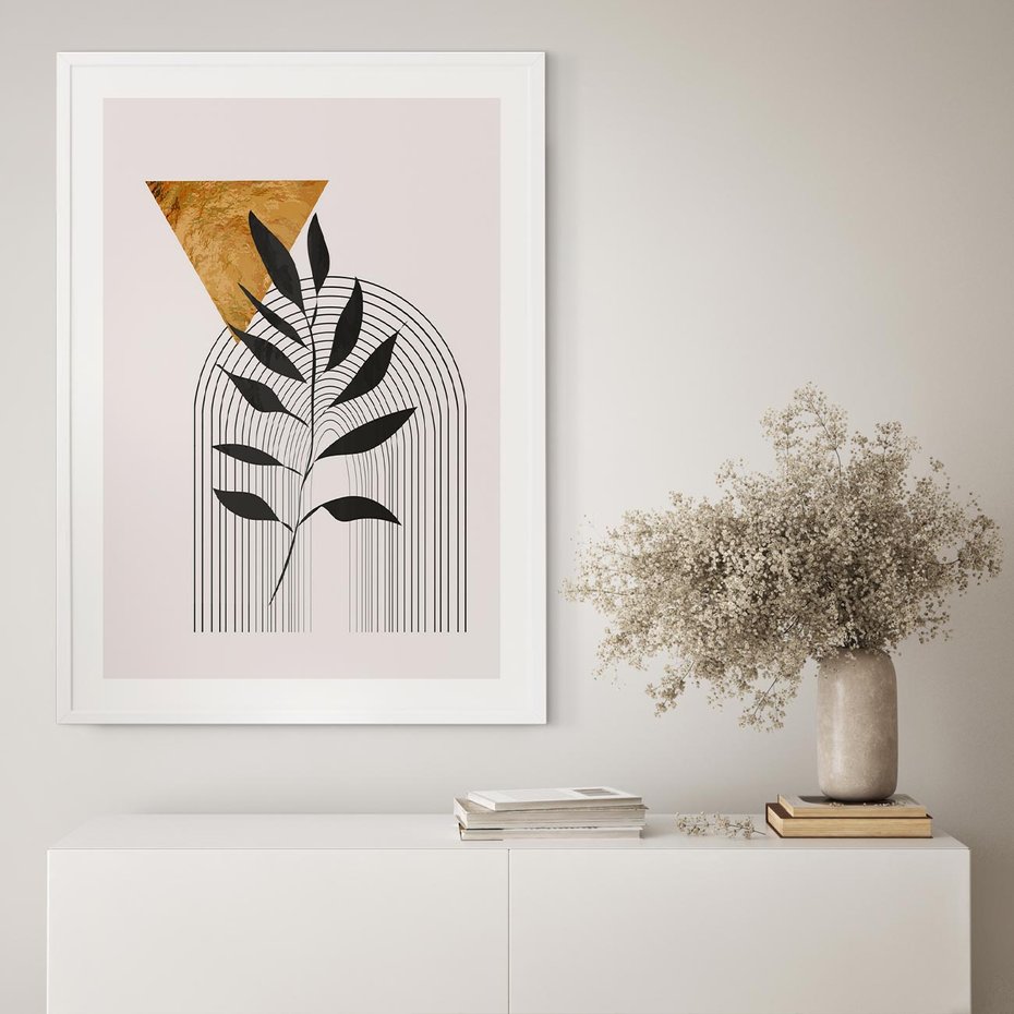 Plakat bez ramy 50x70 - Geometria z Elementami Złota i Liści - grafika, złoto