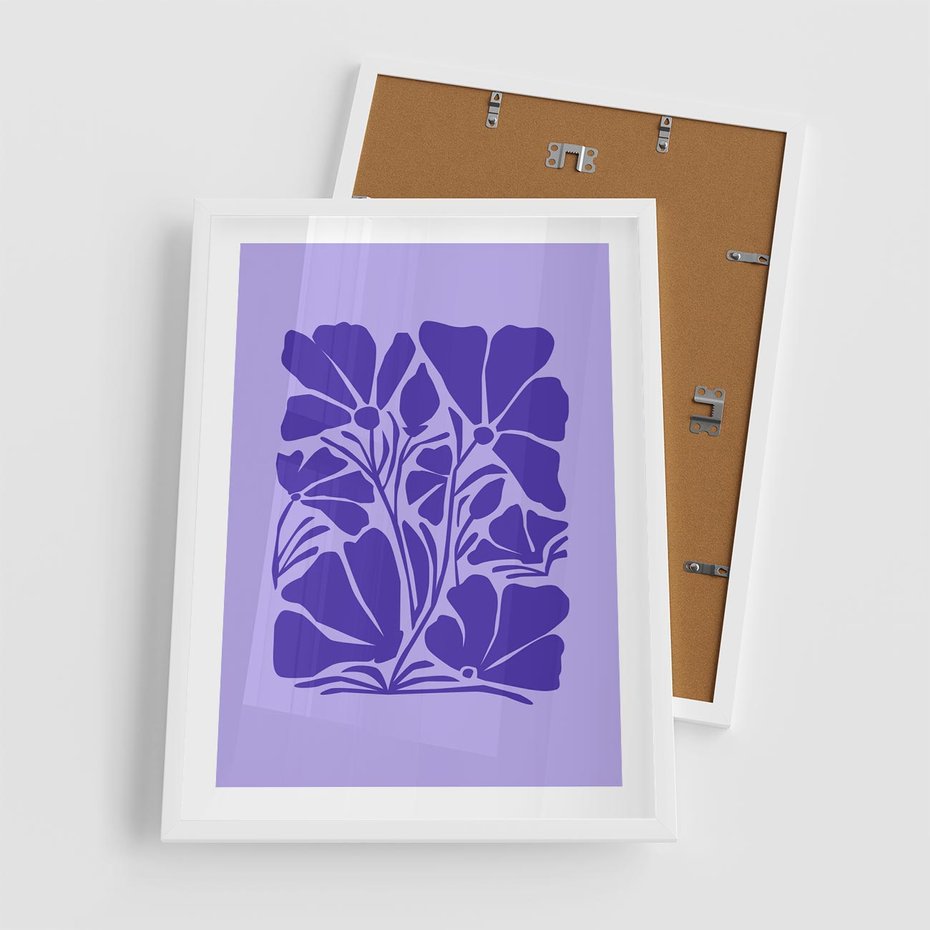 Plakat w ramie 50x70 - Migocące Boho Wibracje - kwiaty, energetyczne fioletowe tło - rama biała