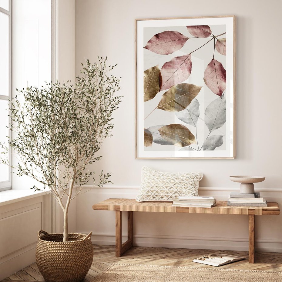 Plakat w ramie 50x70 - Pastelowe Liście z Nutką Złota - liście, pastelowe kolory - rama drewno
