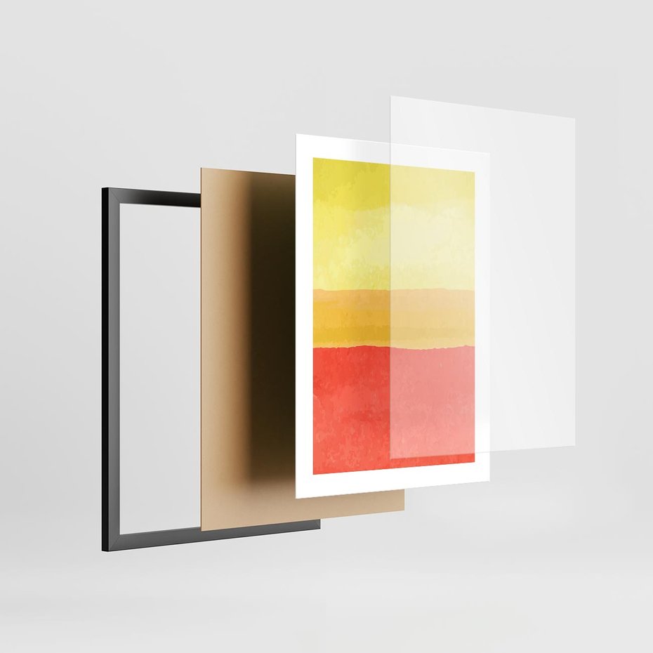 Plakat w ramie 30x40 - Rozmyte Odbicia - kolorowe akwarelowe pasy, odcienie żółci i czerwieni - rama czarna