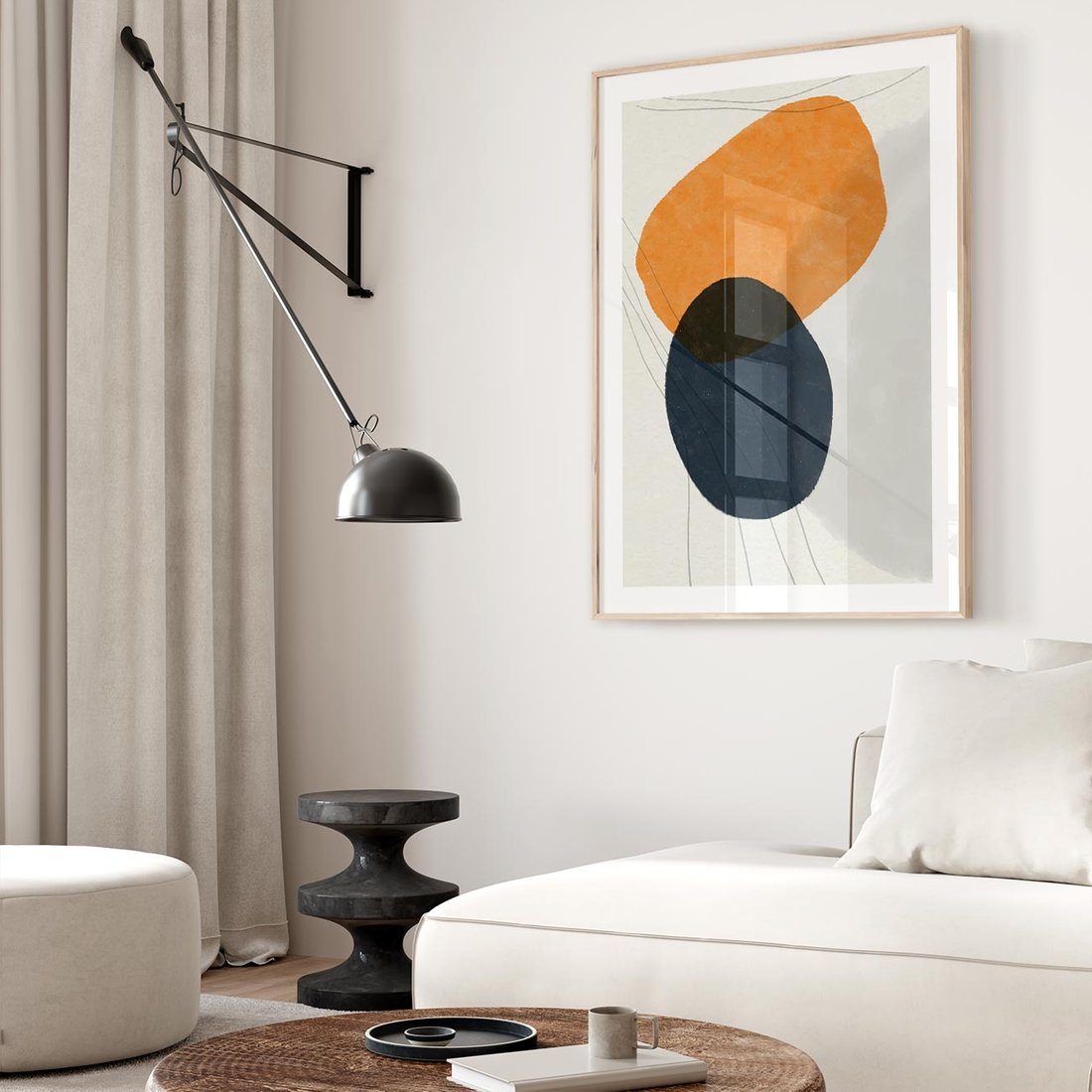 Plakat w ramie 50x70 - Podróżne Pastelowe Pejzaże - geometryczne elementy, stonowane kolory - rama drewno