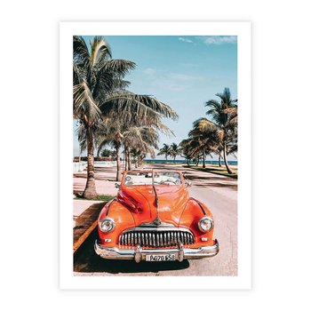 Plakat bez ramy 50x70 - Retro Przejażdżka - pomarańczowy retro samochód, kabriolet