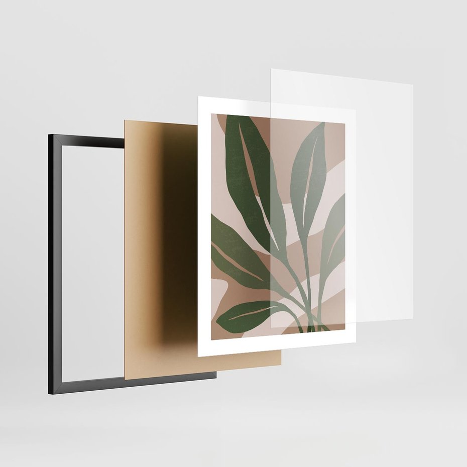 Plakat w ramie 40x50 - Nowoczesność Natury: Plakat z Zielonymi Liśćmi - nowoczesny plakat, beż - rama czarna
