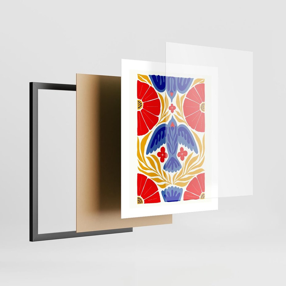 Plakat w ramie 40x50 - Eklektyczny Majestat - wyrazista grafika, mocne kolory czerwień niebieski żółty - rama czarna