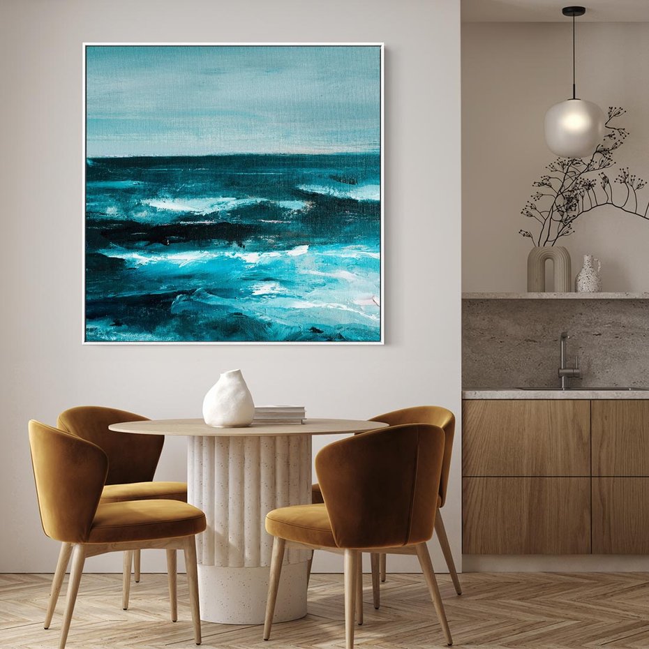 Obraz w ramie 80x80 - Burza Nad Granatowym Oceanem - piękny marynistyczny obraz olejny, wzburzone ciemne morze - rama biała