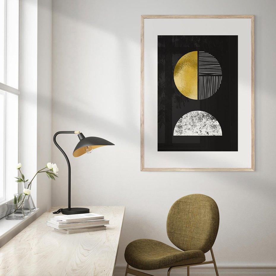 Plakat w ramie 30x40 - Złote Koła i Geometryczne Formy - grafika, modern - rama drewno