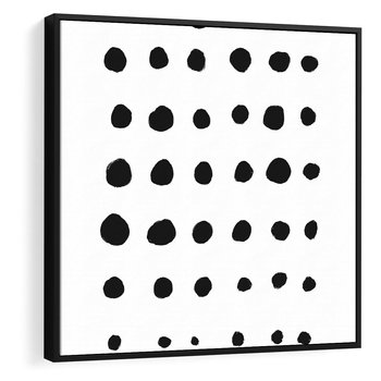 Obraz w ramie 50x50 - Refleksje Światła - minimalistyczna kompozycja, czarne kropkina białym tle - rama czarna